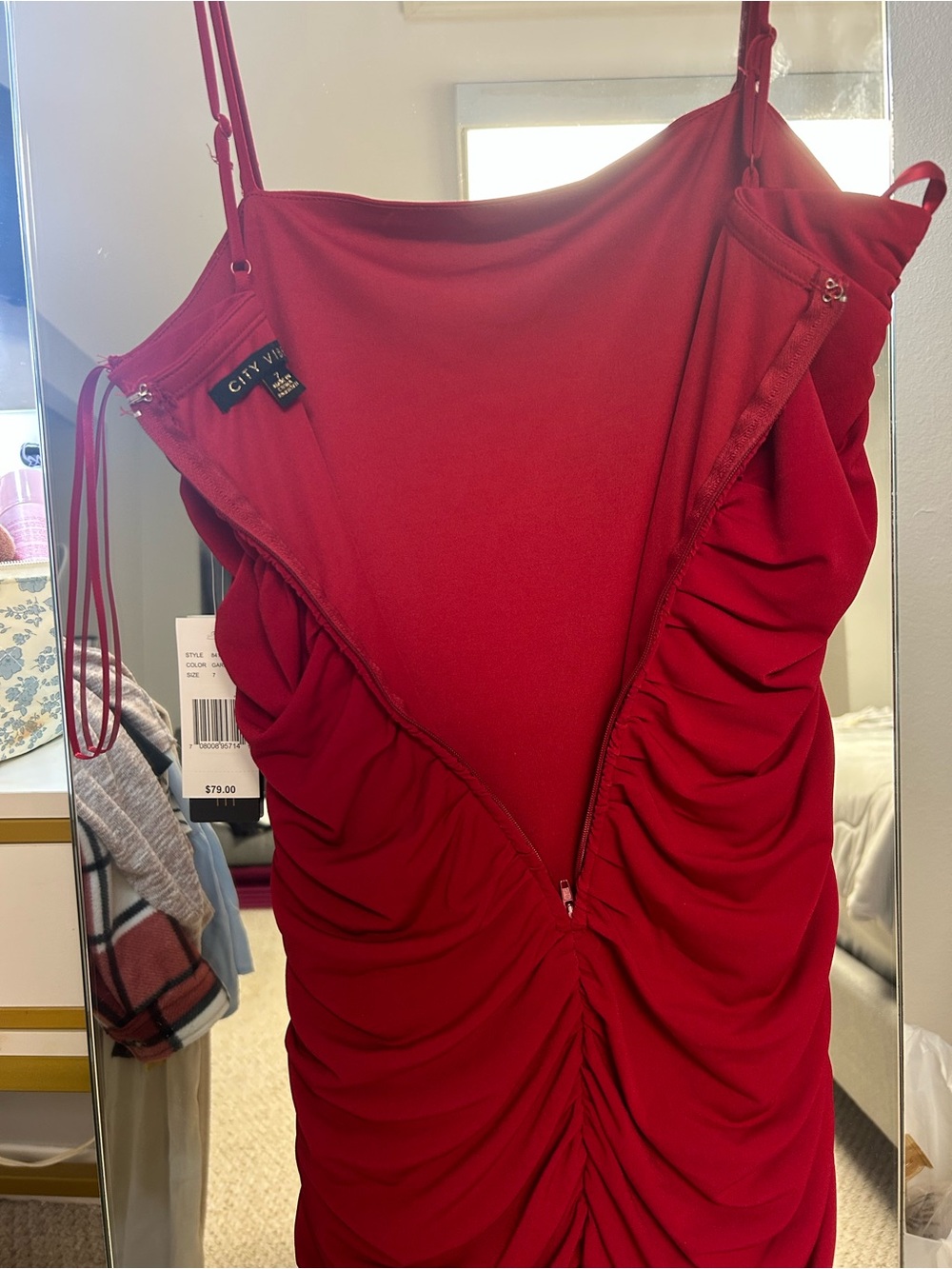 Red Rhinestone Fringe Ruched Mini Dress - Picture 9 of 9